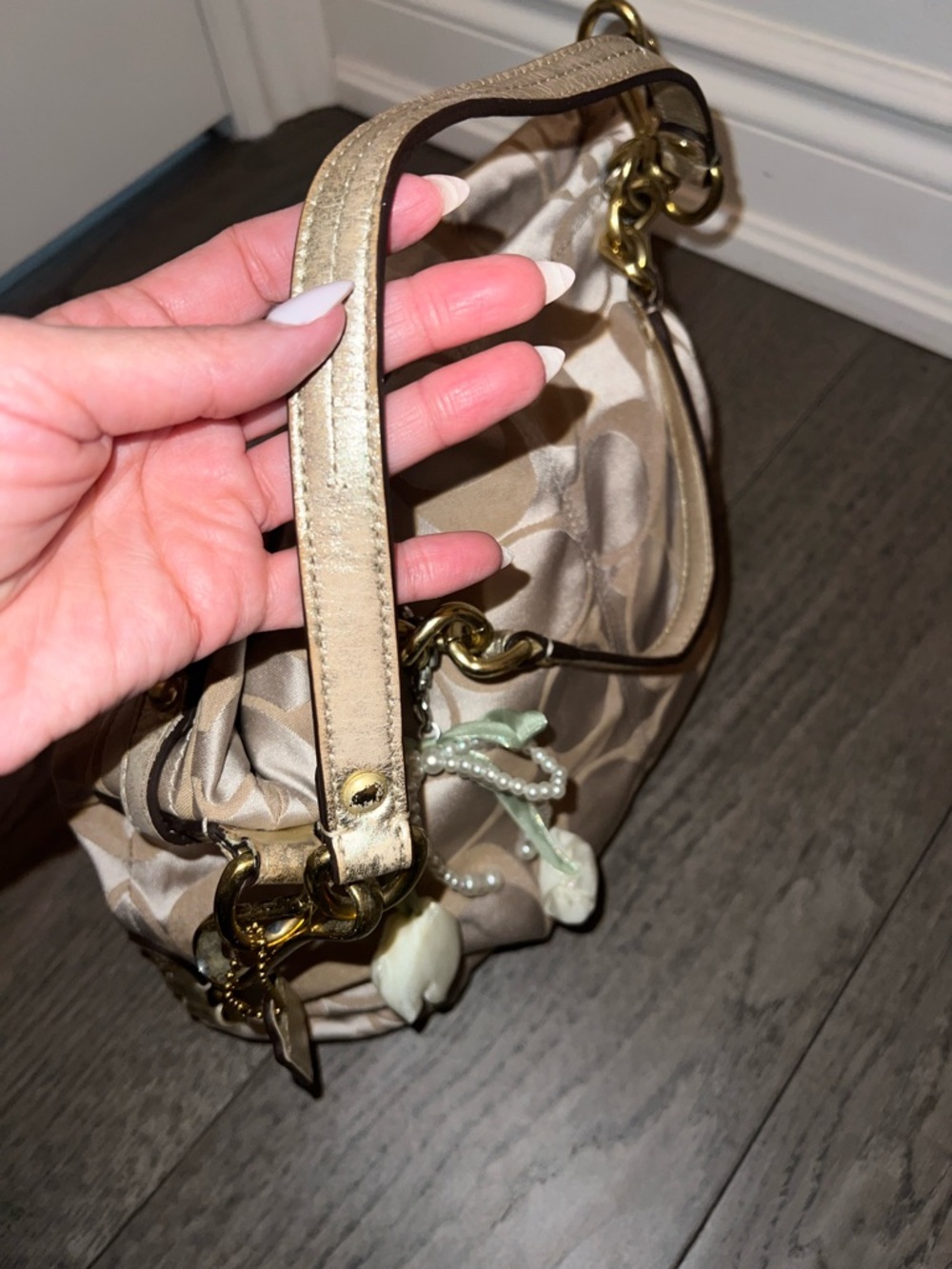 🥂 Coach Satin Signature Hobo Shoulder Bag in Champagne and Beige - Picture 6 of 8